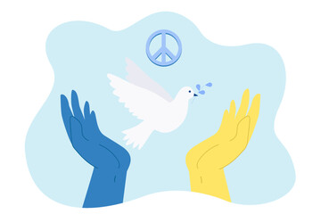 Dove flying to hands in yellow blue colors of Ukrainian flag. Prays of people of world for peace in Ukraine flat vector illustration. Support concept for banner, website design or landing web page