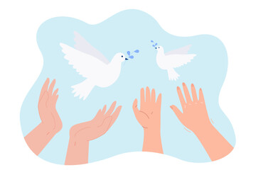 Doves flying with olive branch from hands into sky. Peoples prayer for peace and freedom flat vector illustration. Hope, help, spiritual symbol concept for banner, website design or landing web page