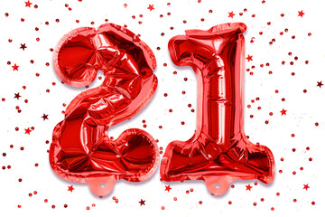 The number of the balloon made of red foil, the number twenty-one on a white background with...