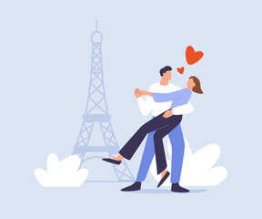 Man and woman cartoons - romantic couple dating. Couples dancing on a date in Paris. Flat cartoon colorful vector