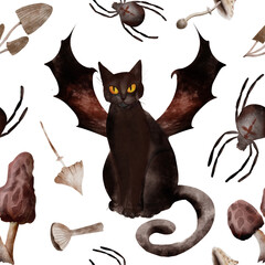 Seamless pattern with a black cat and spider. Watercolor illustration