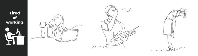 Continuous one line drawing fatigue set concept at work. Workers are tired from work because they are overloaded with business tasks. Single line draw design vector graphic illustration. 