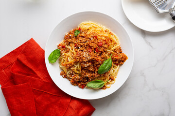 Top view pasta with meat sauce and cheese bolognese in bowl food