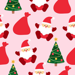 Seamless pattern with cute santa and sack with gifts, christmas tree on pink background