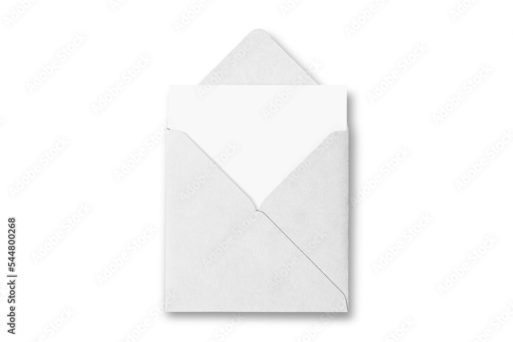 Poster blank white open envelope with card inside mockup isolated on white background. greeting or invitati