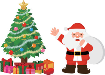 サンタクロースとクリスマスツリーと沢山のプレゼントが描かれたベクターイラスト素材