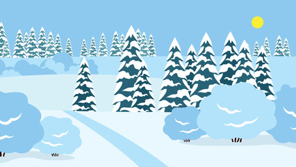 Fir trees and bushes in the snow on a snowy forest glade
