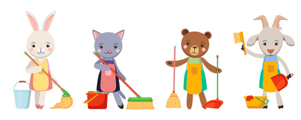 Cute animals in aprons with cleaning items vector set. Cartoon illustration of animals with smile wearing aprons holding floor mops and brooms isolated on white background. Cleanup, childhood concept.