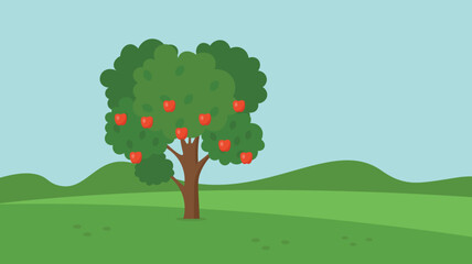 An apple tree with red apples grows in a clearing