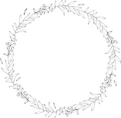 Delicate ink floral wreath with flowers, branch and leaves. Elegant logo template. Vector illustration for labels, branding business identity, wedding invitation.