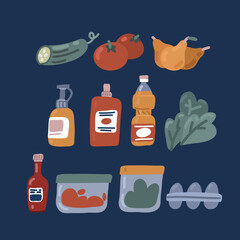 Cartoon vector illustration of grossery icon set. Food. Cucumber, pear, tomato, mustard, ketchup, gray containers, lettuce, soy sauce, eggs, sunflower oil. Products from the refrigerator