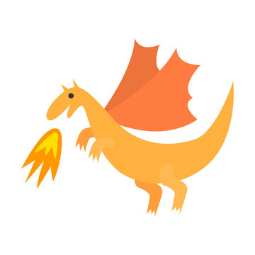 Cheerful orange dragon breathes fire. Fairytale mythical animals. Flat cartoon illustration isolated on white background
