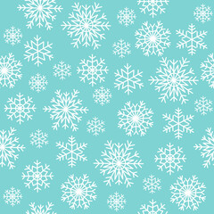 Seamless pattern of snowflakes. White snow, winter symbol. Xmas or new year decoration. Hand drawn vector illustration isolated on blue background in modern flat cartoon style.