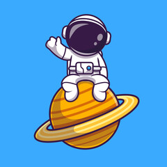 Astronaut Sitting On Planet And Waving Hand Cartoon Vector 
Icon Illustration. Science Technology Icon Concept Isolated 
Premium Vector. Flat Cartoon Style