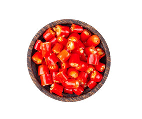 Slice red chili in wood bowl isolated on transparent png