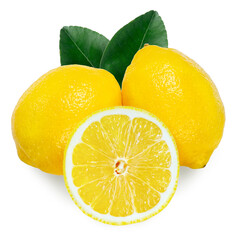 Lemon with leaf on a white background, With clipping path, Slice of lemon isolated on white background.