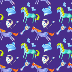 Seamless watercolor pattern unicorns, rattles, beanie, bib and socks for newborns on a purple lilac background, textiles