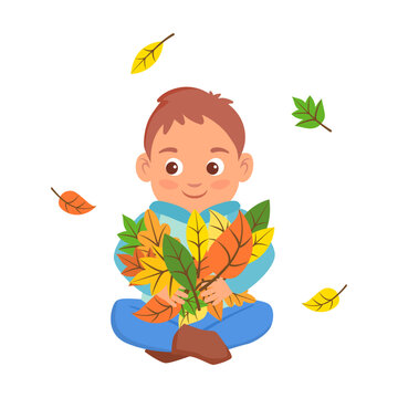 Cute cartoon children with a bunch of bright leaves in autumn flat vector illustration. Little kid in warm clothes isolated on white background
