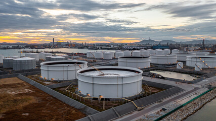 Crude oil storage tank terminal port, Oil terminal pipeline fuel storage tank at oil refinery...