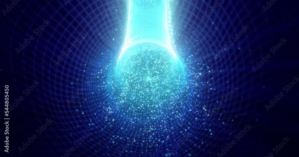Poster abstract tunnel blue futuristic from a square grid of lines and dots of particles of shiny hi-tech e