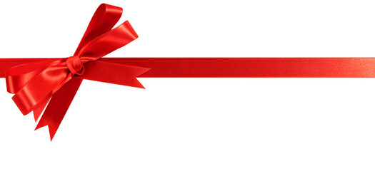 Red christmas gift ribbon and bow straight horizontal banner isolated transparent background photo...