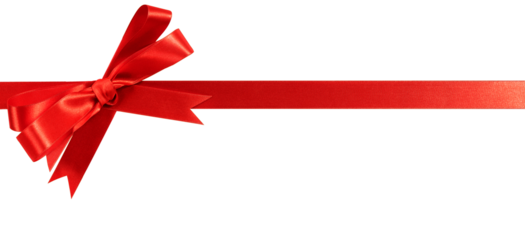 Red christmas gift ribbon and bow straight horizontal banner isolated transparent background photo PNG file