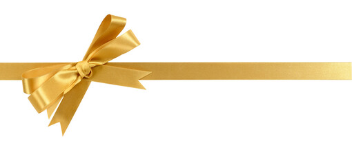 Gold gift ribbon and bow straight horizontal isolated transparent background photo PNG file