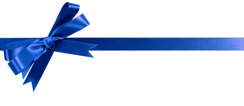 Blue gift bow ribbon horizontal straight banner isolated transparent background photo PNG file