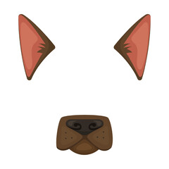 Animal face mask of dog, shepherd for video and photo set. Vector illustration of selfie filters with ears and nose. Cartoon funny muzzle isolated on white