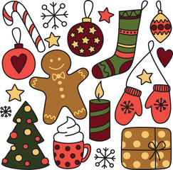 Christmas color doodle set. Hand drawn cute vector icons. 