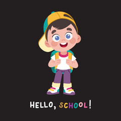 Cute little school boy with backpack. Vector cartoon character with 1 September and school theme. Smiling kid with a cap in street style.