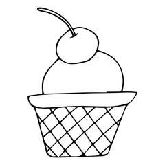 Hand drawn set of doodle with different ice cream, Waffle cup with ice cream and cherry on top. Sketch style vector illustration for cafe menu, card, birthday card decoration.