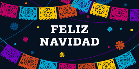 Feliz navidad. Mexican christmas banner, vector illustration. Poster, card for social media, networks with copy space. Text in Spanish merry Christmas, garlands of flags on black background. - obrazy, fototapety, plakaty
