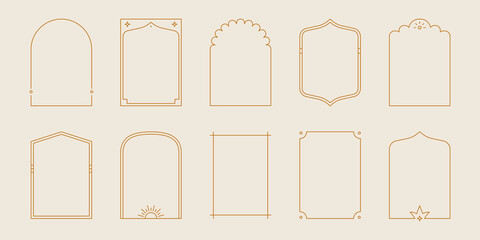 Boho mystic arch frame set. Minimal line style arch, oval shape boho frame with star, geometric element for badge, logo design. Vector illustration.