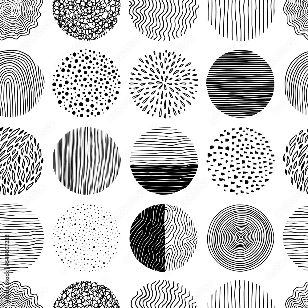 Poster hand drawn black, white circle seamless pattern. doodle style abstracrt textured scribble, stripped,