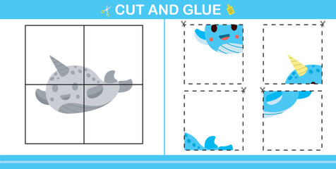 cartoon cute narwhal.education paper game for kindergarten and preschool.cut and glue game