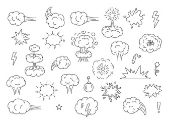 Explosion, bomb, boom, doodle line set. Hand drawn element splash, crack, pow, crash, war, burst with smoke of cloud. Collection outline sketch. Vector illustration