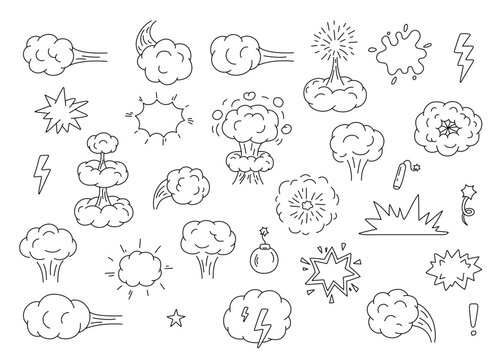 Explosion, bomb, boom, doodle line set. Hand drawn element splash, crack, pow, crash, war, burst with smoke of cloud. Collection outline sketch. Vector illustration