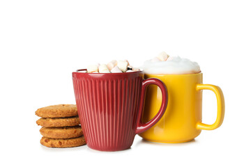 Concept of sweet drink, tasty cocoa drink with marshmallow, isolated on white background