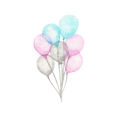 Fototapeta na wymiar Watercolor air balloon. Greeting decor.