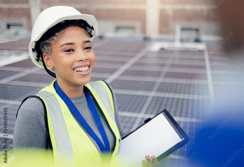 Canvas Prints Solar panel, engineer and woman checklist, mockup and discussing vision for engineering innovation on rooftop. Technician, solar energy and paper planning by woman share goal for renewable energy