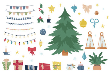 A set of Christmas elements. Christmas gifts and decor.