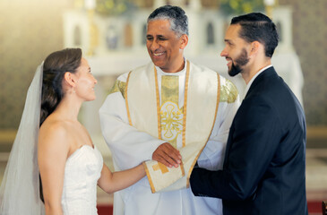 Wedding, priest and couple holding hands in church for a christian marriage oath and faithful...