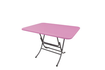 Pink folding table the legs of the table are steel frames in the yellow room. 3D mock up object. 3DRender illustration.