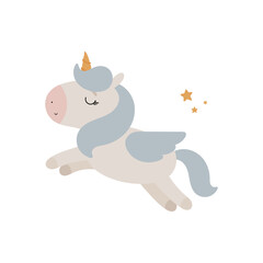 Magic unicorn. Cartoon style. Vector illustration. For kids stuff, card, posters, banners, children books, printing on the pack, printing on clothes, fabric, wallpaper, textile or dishes.