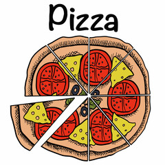 pizza on a white background pizza,dough,italian favorite dish,tomatoes,cheese,pasta,sliced pizza,olives,olives, basil leaves