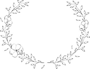 Delicate ink floral wreath with flowers, branch and leaves. Elegant logo template. Vector illustration for labels, branding business identity, wedding invitation.