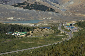 Fototapeta na wymiar View of Icefields Parkway and Columbia Icefields Centre from hiking track to Wilcox Pass in Jasper National Park,Alberta,Canada,North America 