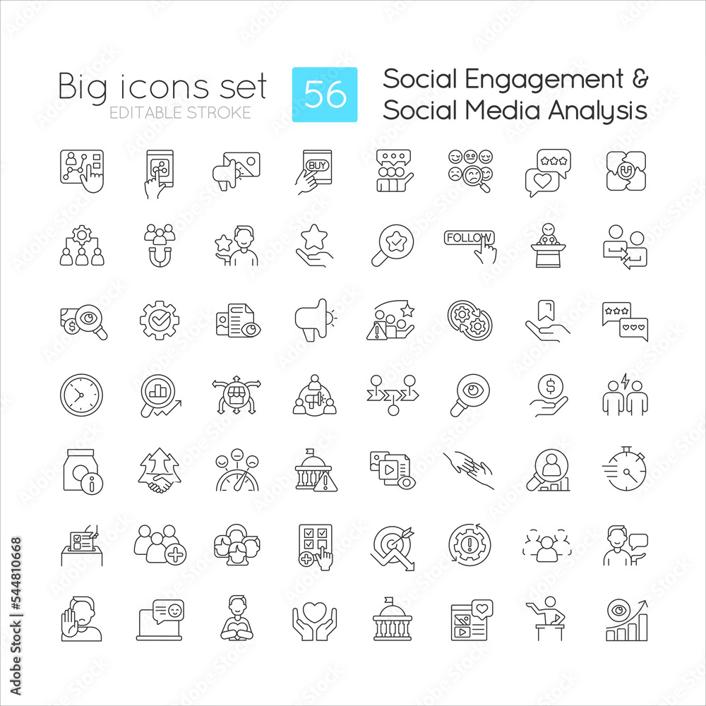 Poster social media engagement linear icons set. target audience involvement. users analysis. customizable 
