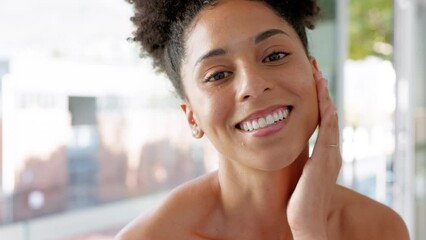 Beauty, skincare and happy woman touching her face for a wellness, health and skin routine. Happiness, smile and portrait of lady from Brazil doing a cosmetic facial treatment in her bathroom at home